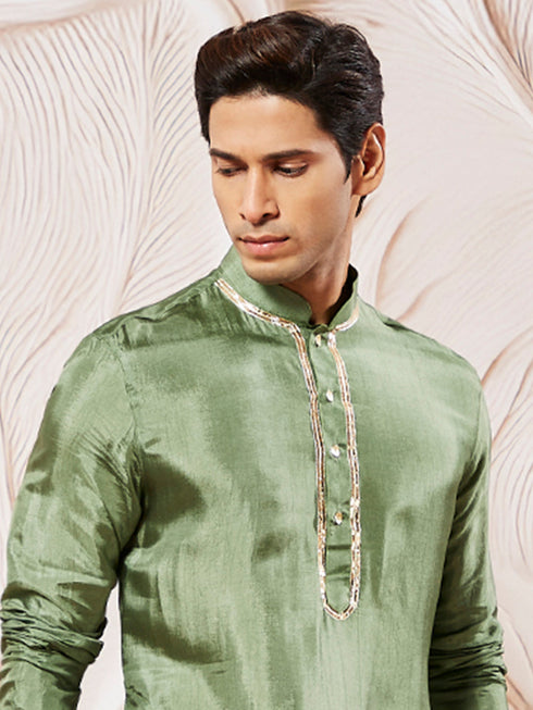 Men's Green Tissue Silk Kurta