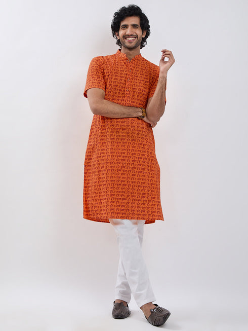 Men's Orange Cotton Kurta