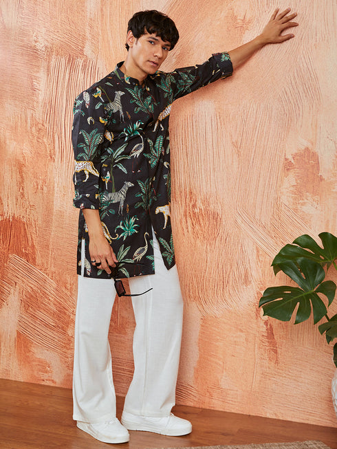Men's Black Cotton Kurta And Pyjama Set