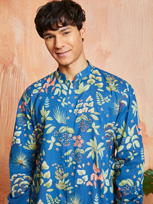 Men's Blue Cotton Kurta And Pyjama Set