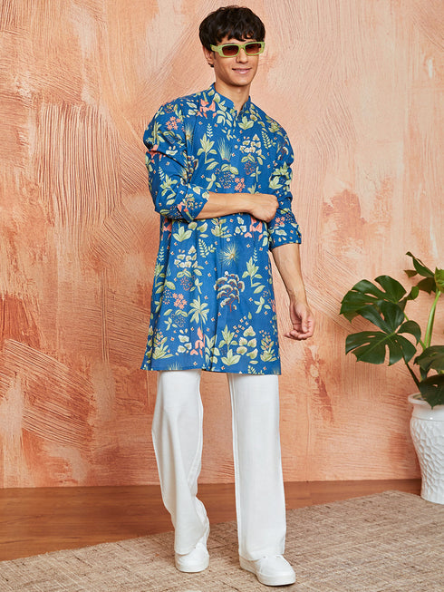 Men's Blue Cotton Kurta And Pyjama Set