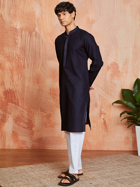 Men's Navy Blue Cotton Kurta And Pyjama Set