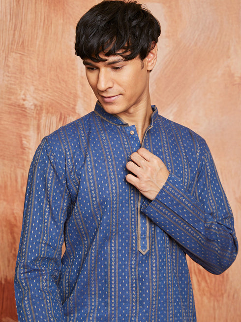 Men's Navy Blue Cotton Kurta And Pyjama Set