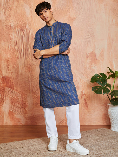Men's Navy Blue Cotton Kurta And Pyjama Set
