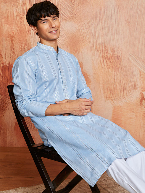 Men's Sky Blue Silk Blend Kurta And Pyjama Set