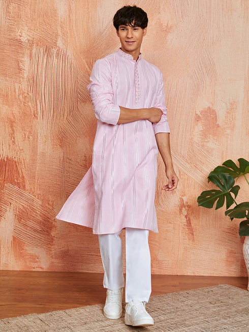 Men's Pink Silk Blend Kurta And Pyjama Set
