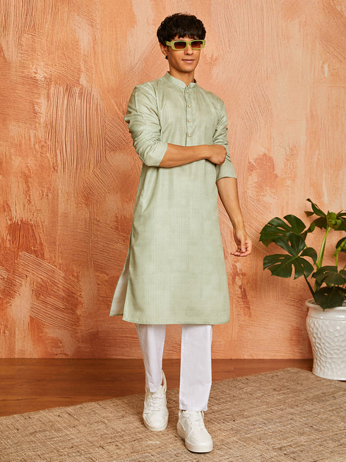 Men's Green Cotton Blend Kurta And Pyjama Set