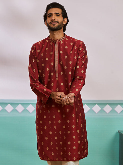 Men's Maroon Silk Blend Kurta
