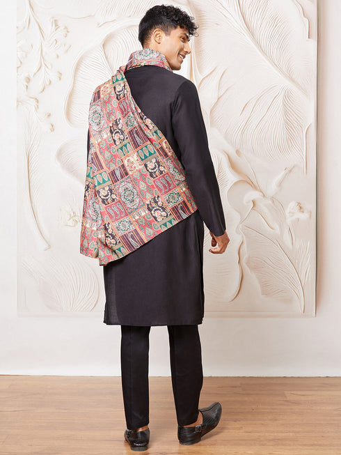 Men's Black Silk Blend Kurta,Pyjama And Dupatta Set.