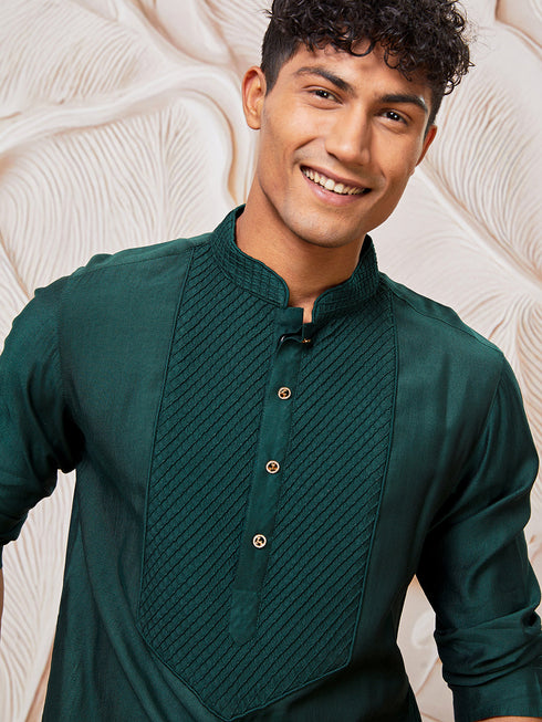 Men's Bottle Green Silk Blend Kurta