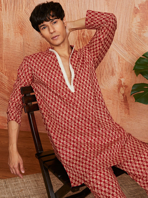 Men's Rust Cotton Kurta And Pyjama Set