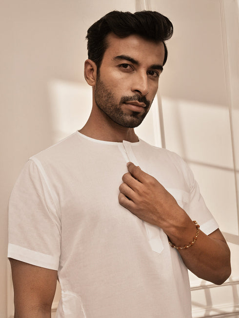 Men's All-White Premium Cotton Mid-Length Kurta Palazzo Set