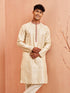 Men's Cream Silk Blend Long Kurta Jacquard Maroon Motif Mandarin Collar