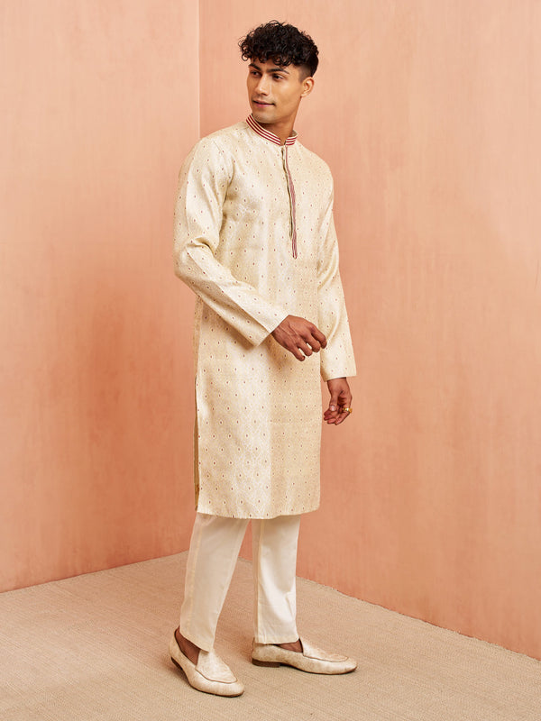 Men's Cream Maroon Jacquard Kurta Pyjama Set Zari Embroidery Wedding