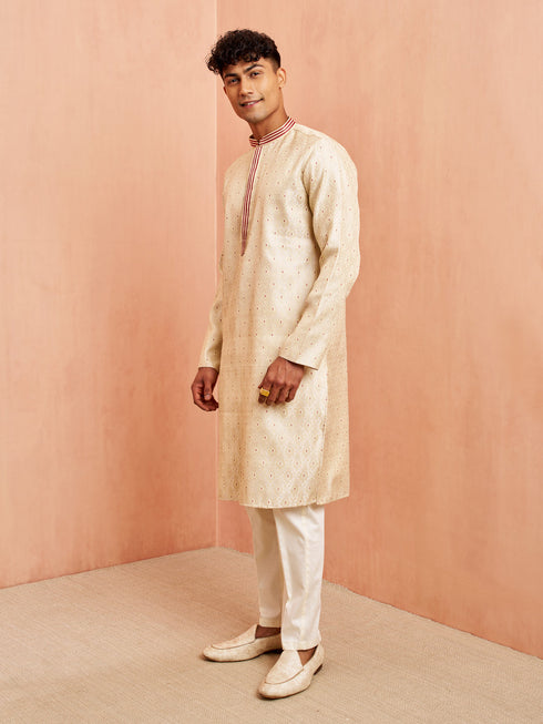 Men's Cream Maroon Jacquard Kurta Pyjama Set Zari Embroidery Wedding