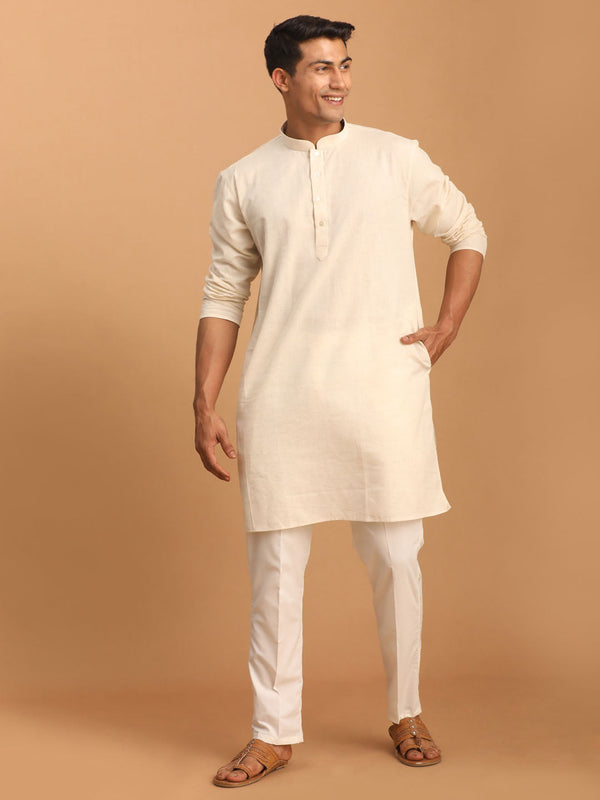 Men's Cream Cotton Kurta With Cream Pant Set