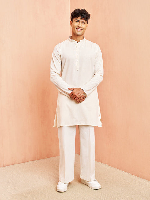 Men's Cream Mid Length Kurta with White Pant Set