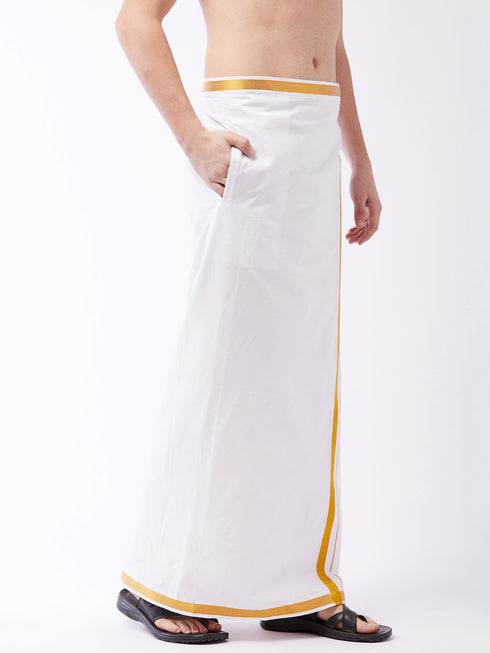 Men's White And Gold Dhoti/Mundu/Vesty