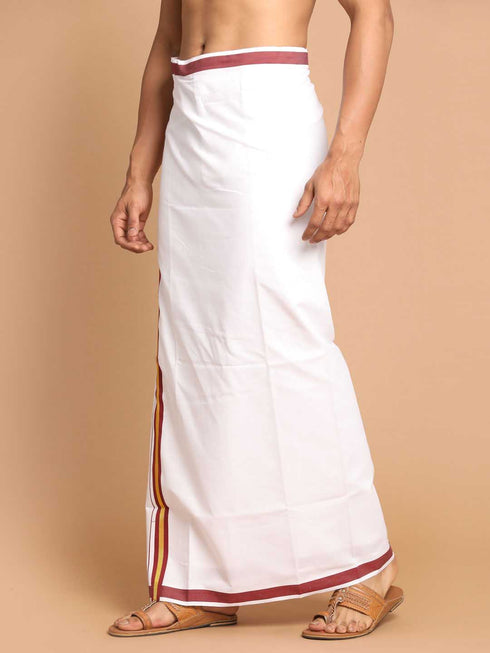 Men's White And Maroon Mundu