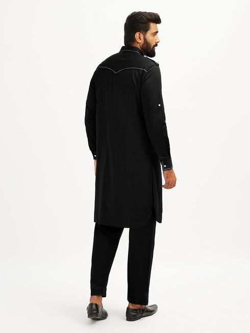 Men's Black Fine Satin Pathani Kurta Set