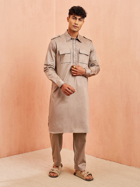 Men's Grey Fine Satin Kurta Pyjama Set Shirt Collar Button Placket
