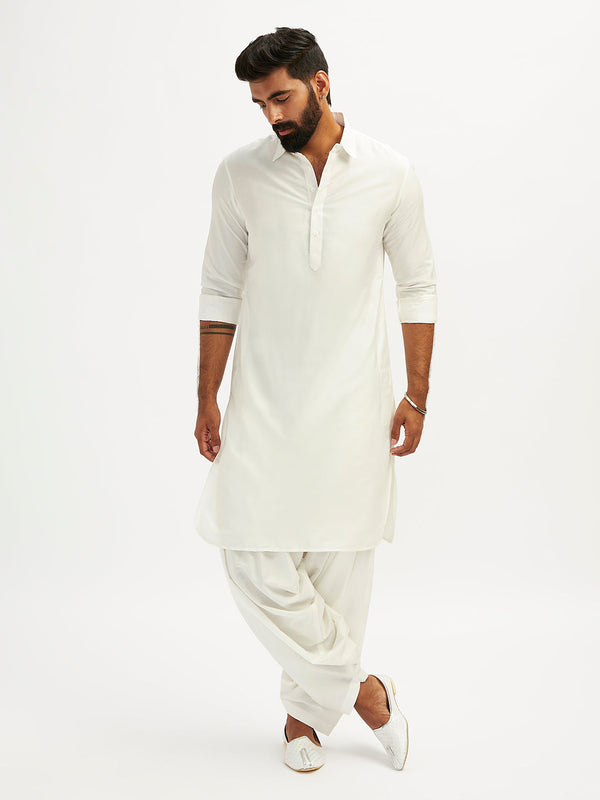 Men's White Viscose Pathani Kurta Set