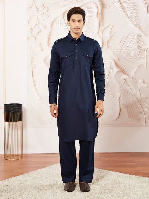 Men's Blue Cotton Pathani Suit Set