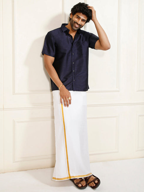 Men's Navy Blue Silk Blend Ethnic Shirt