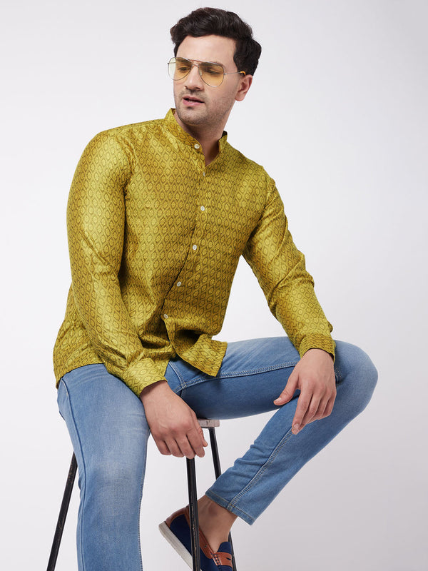 Men's Yellow Silk Blend Ethnic Shirt