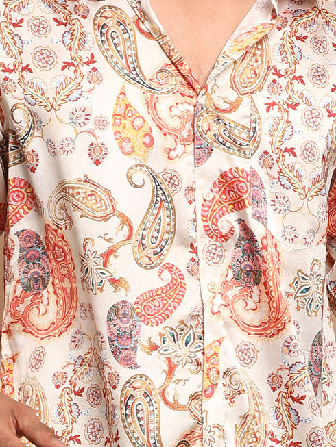 Men's Beige Cotton Silk Blend Printed Shirt