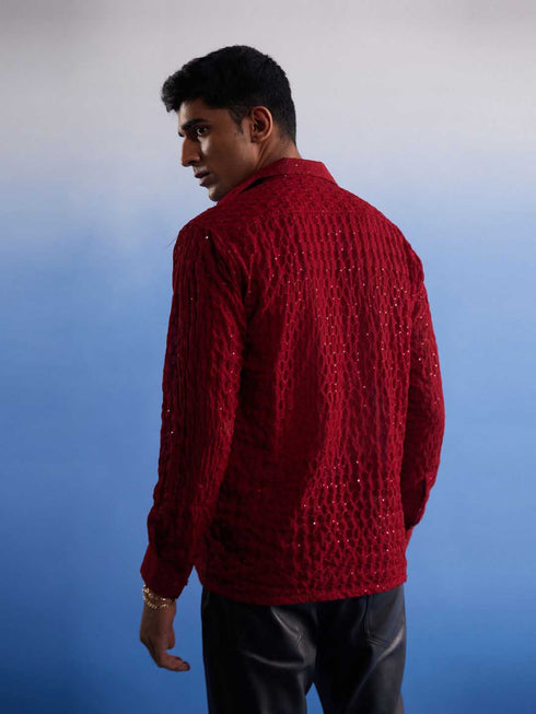 Men's Maroon Fancy Sequined Shirt