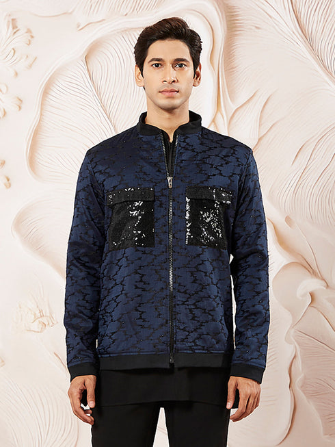Men's Navy Blue Silk Blend Jacket