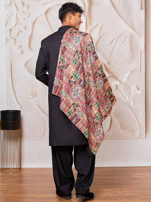 Men's Black And Cream Viscose Sherwani Patiala And Dupatta Set