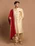Men's Golden Brocade Slim Fit Sherwani Set With Maroon Dupatta