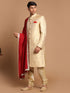 Men's Golden Brocade Slim Fit Sherwani Set With Maroon Dupatta