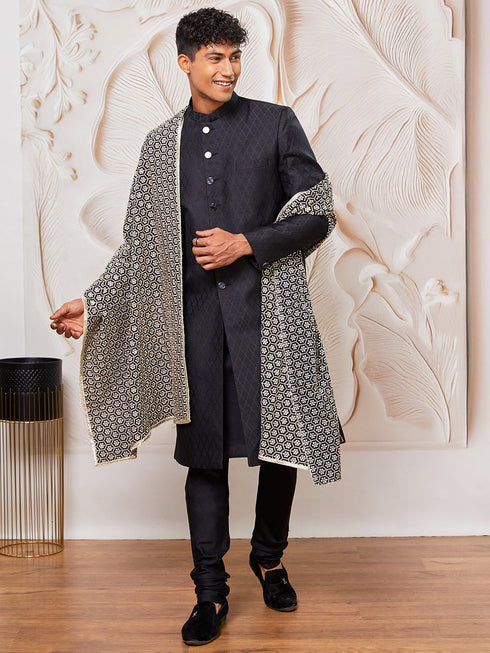 Men's Black Silk Blend Sherwani Kurta Pyjama And Dupata Set
