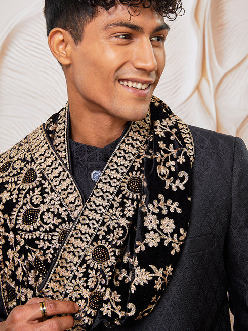 Men's Black Silk Blend Sherwani Pant And Dupatta Set