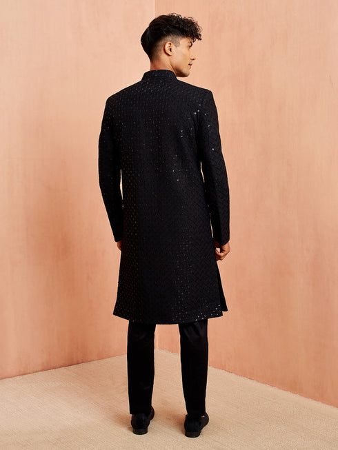 Men's Black Rayon Sherwani Set