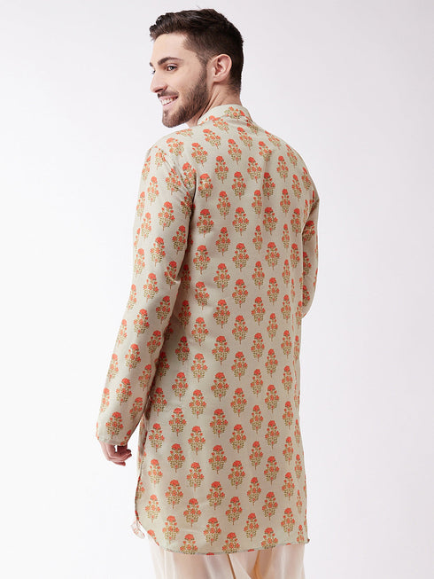 Men's Multicolor-Base-Cream Muslin Cotton Kurta