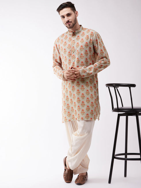 Men's Multicolor-Base-Cream Muslin Cotton Kurta
