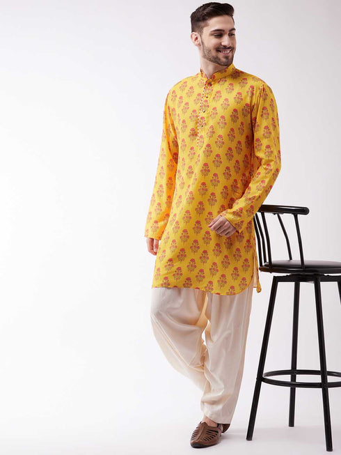 Men's Multicolor-Base-Mustard Muslin Cotton Kurta