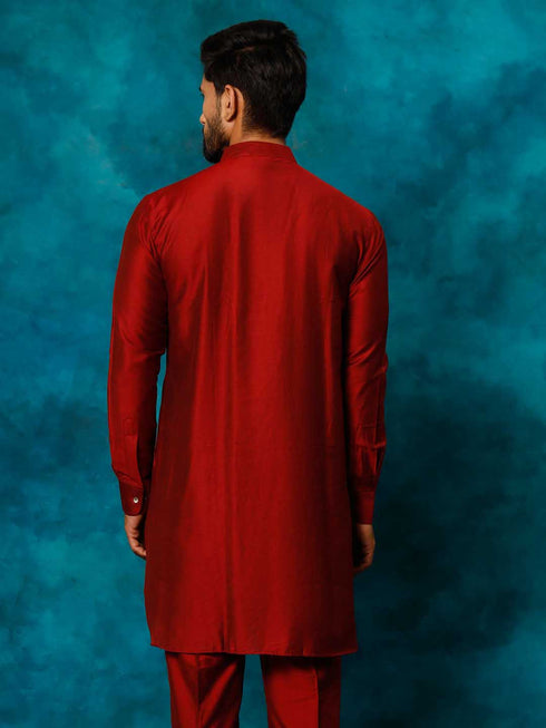 Men's Maroon Cotton Blend Curved Kurta