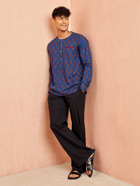 Men's Royal Blue Floral Print Kurta with Black Pant Set