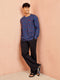 Men's Royal Blue Floral Print Kurta with Black Pant Set