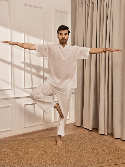 Men White Cambric Cotton Yoga Kurta