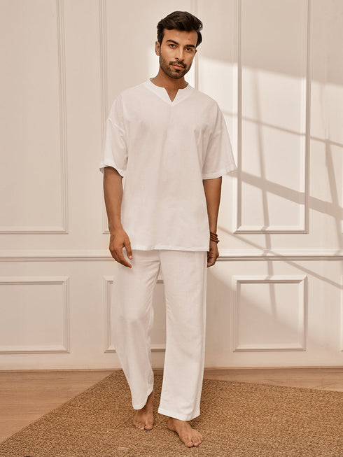 Men's Pure White Premium Cotton Yoga Kurta Palazzo Set