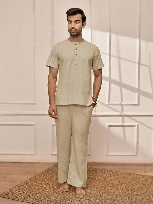 Men's Beige Premium Cotton Yoga Kurta With Palazzo Set