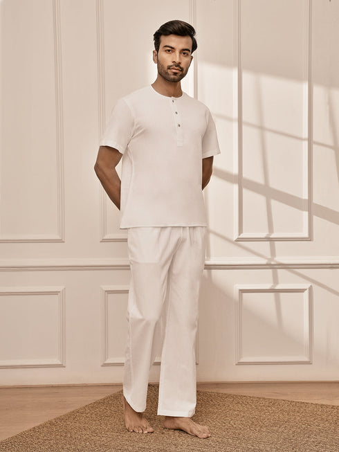 Men's Pure White Cotton Yoga Kurta Palazzo Set