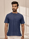 Men Navy Blue Cambric Cotton Yoga Kurta With Om Embroidery