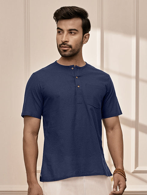Men Navy Blue Cambric Cotton Yoga Kurta With Om Embroidery